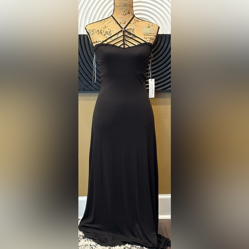 NWT Shinestar Black Strapless Maxi Dress with Detailed Halter Accent~Size Small